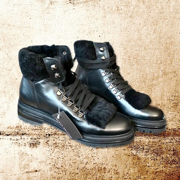 Last HTF Elena Solano Fur Leather Black Combat Ankle Boot NWT - Picture 8 of 12